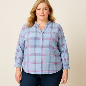 Talbots Womens Top Band Collar Popover Slender Stripe Plaid Blue Petite Size XLp